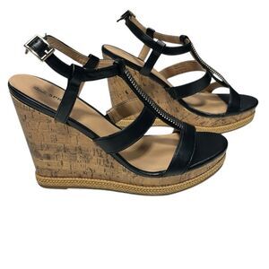 Call It Spring Black Cork Wedge Sandals with Rhinestone Accent Size 8.5